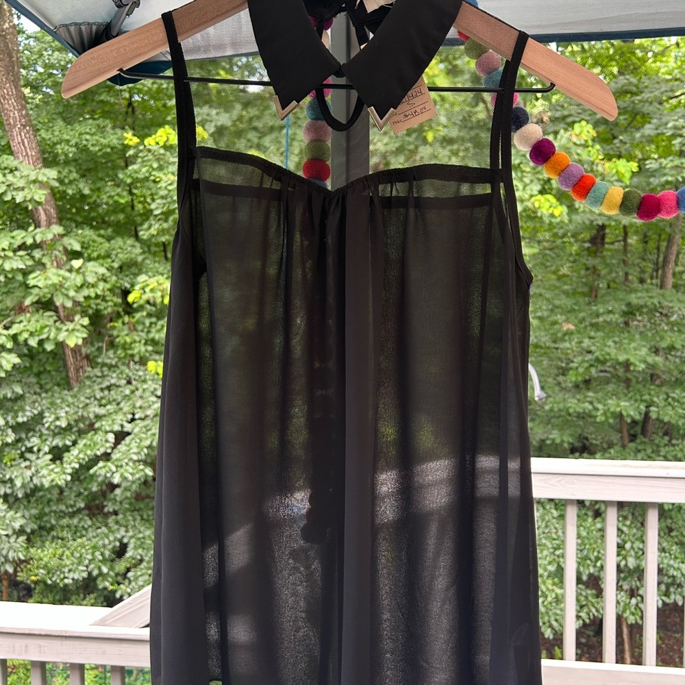 NWT Ya Los Angeles Black Sheer Button Down Shirt Blouse Satin Collar Top Size S